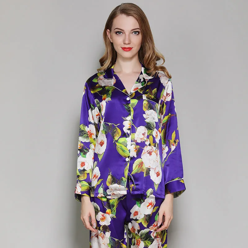 100% Mulberry Silk Flower Printed  Silk Pajamas Set For Women