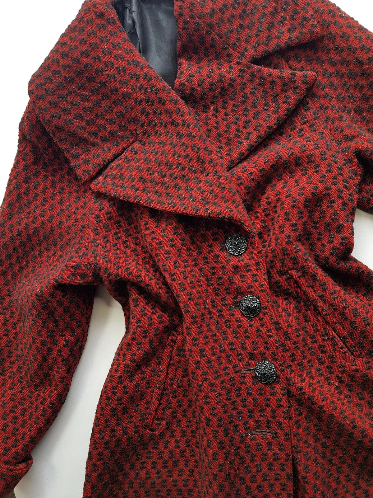 1950s Vintage Wool Princess Hourglass Coat in Incredible Deep Red & Black - Ornate Buttons - Knee Length - Immaculate Tailoring