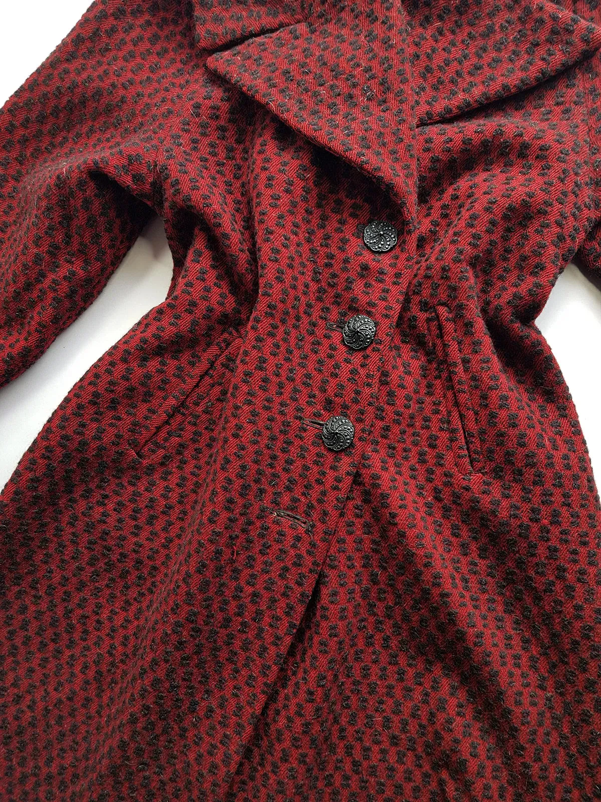 1950s Vintage Wool Princess Hourglass Coat in Incredible Deep Red & Black - Ornate Buttons - Knee Length - Immaculate Tailoring