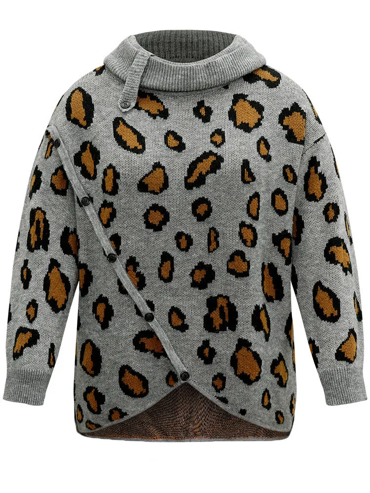 Anti-Pilling Leopard PrintLapel Collar Button Detail Pullover