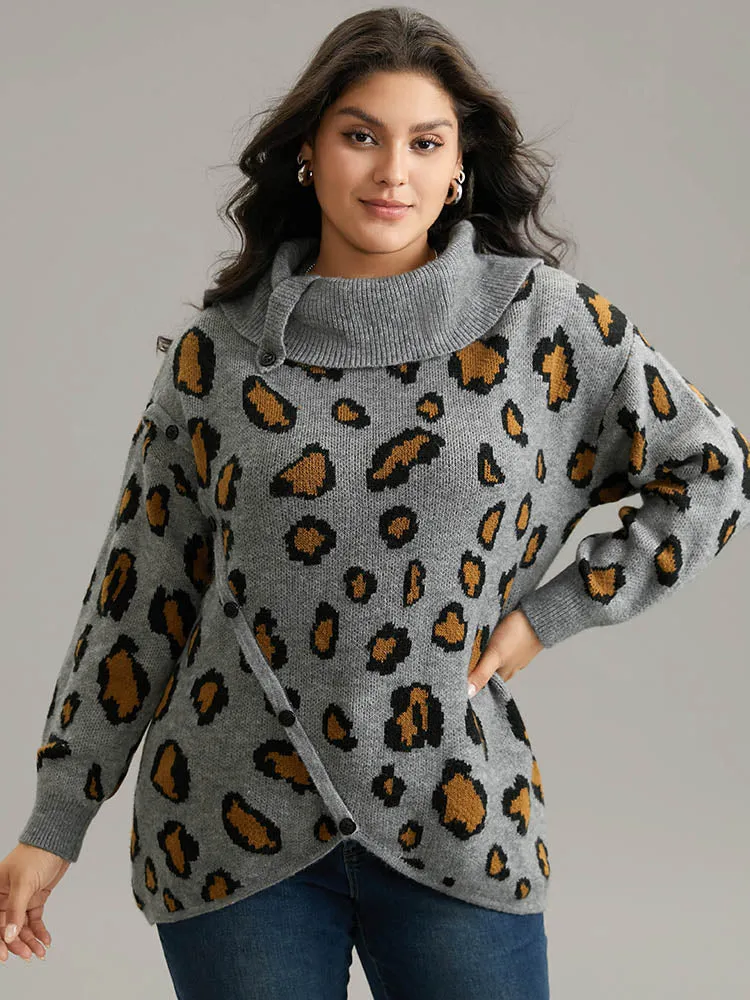 Anti-Pilling Leopard PrintLapel Collar Button Detail Pullover