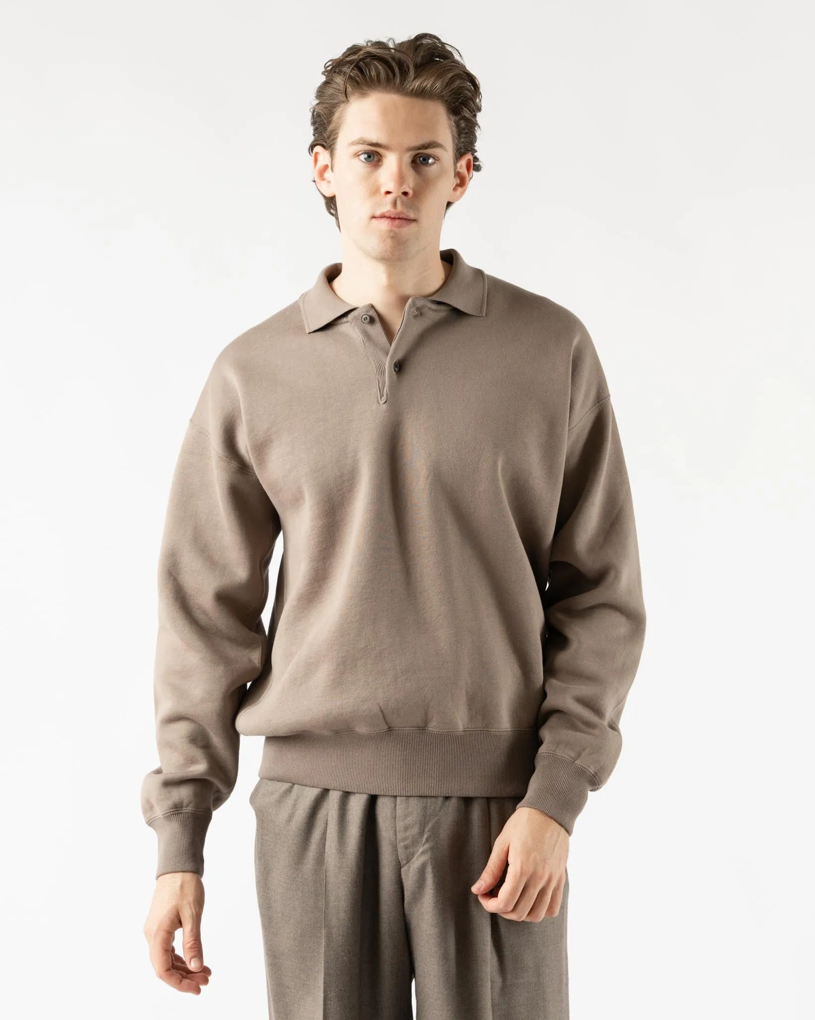 Auralee Smooth Soft Sweat Polo in Olive Brown