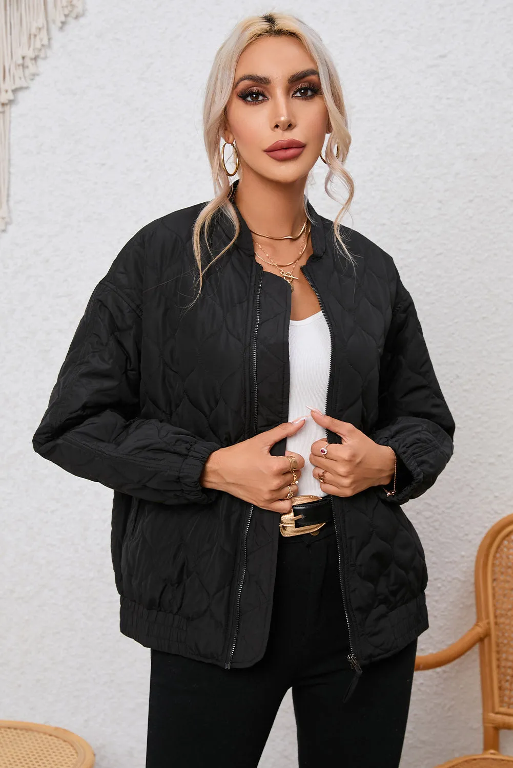 Black Solid Color Quilted Zip Up Puffer Jacket