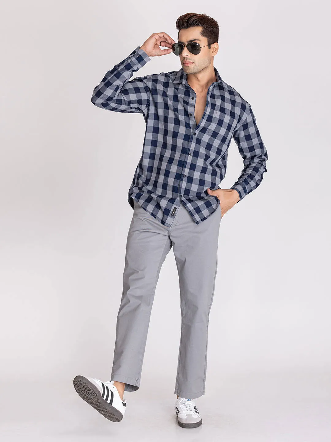 Blue grey indigo check shirts