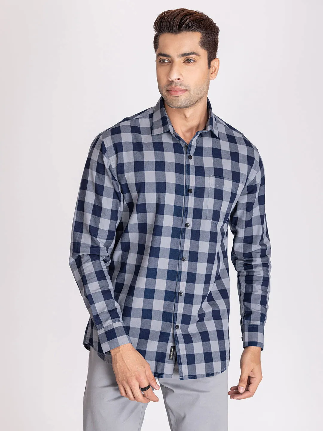 Blue grey indigo check shirts