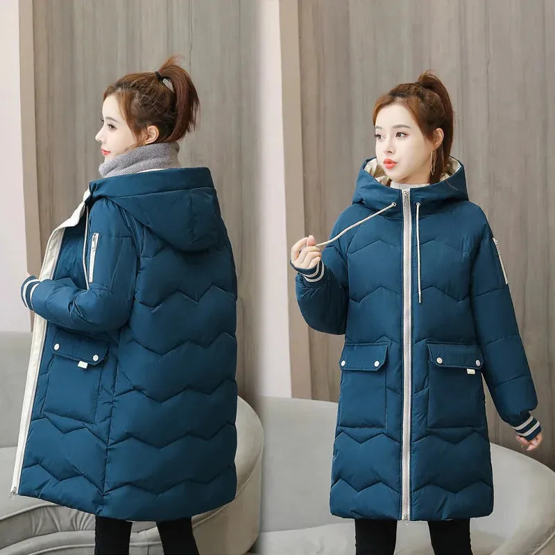 Bonnyshow Women Winter Coat Mid-length Cotton Padded Parkas Hooded Warm Thicken Casual Overcoat Loose Snow Wear Solid Outwear Jacket 4XL