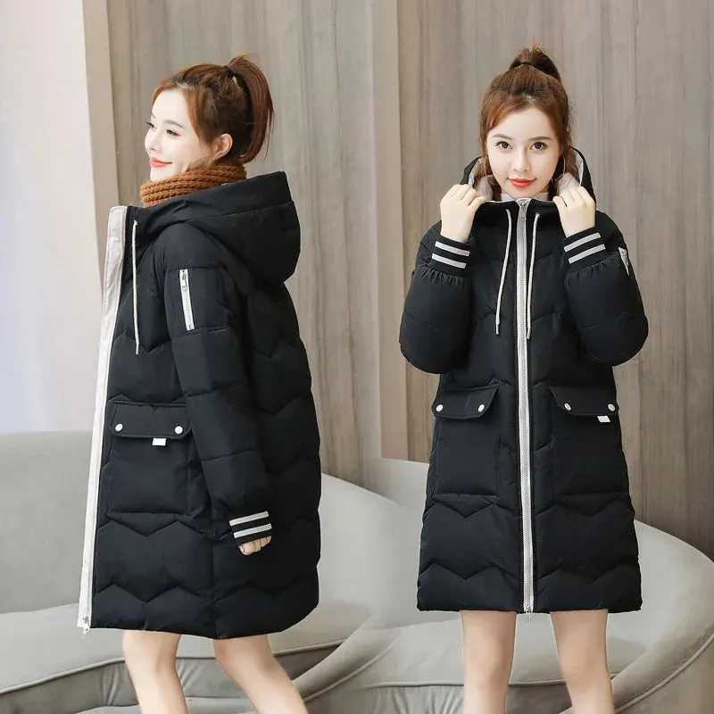 Bonnyshow Women Winter Coat Mid-length Cotton Padded Parkas Hooded Warm Thicken Casual Overcoat Loose Snow Wear Solid Outwear Jacket 4XL