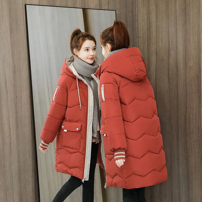 Bonnyshow Women Winter Coat Mid-length Cotton Padded Parkas Hooded Warm Thicken Casual Overcoat Loose Snow Wear Solid Outwear Jacket 4XL