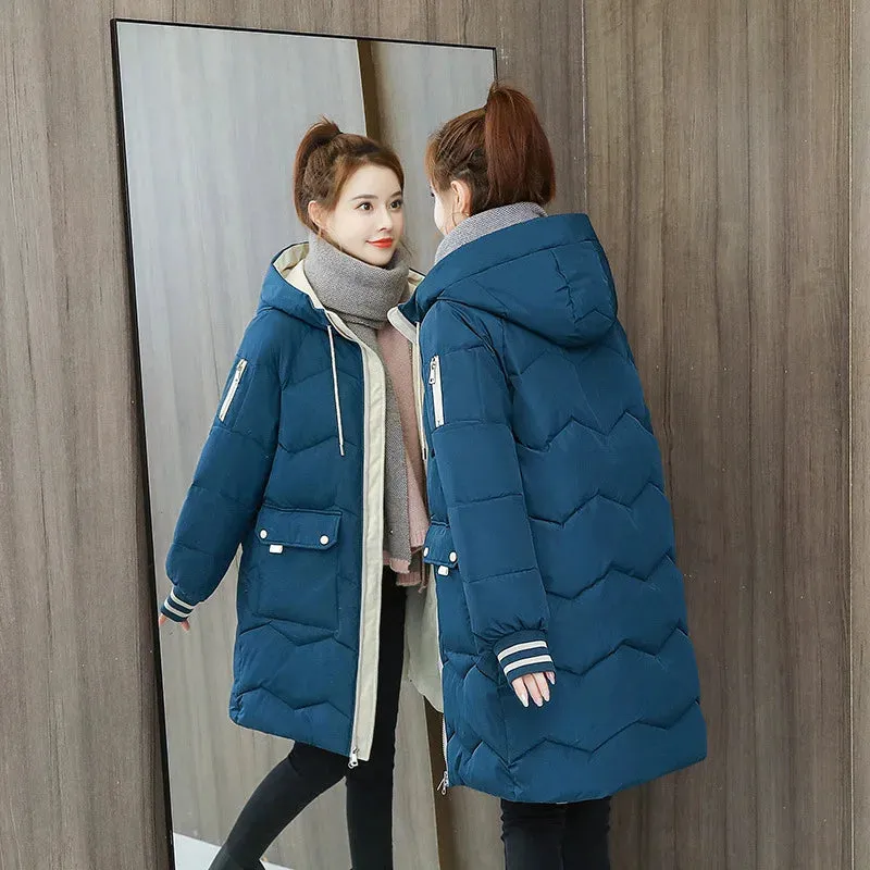 Bonnyshow Women Winter Coat Mid-length Cotton Padded Parkas Hooded Warm Thicken Casual Overcoat Loose Snow Wear Solid Outwear Jacket 4XL