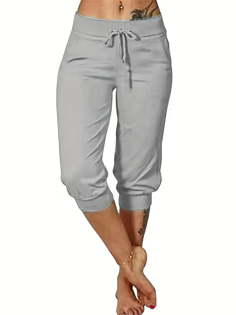 Capri Drawstring Pants with Pockets, Women's Casual Solid Trousers