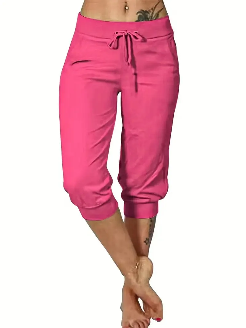 Capri Drawstring Pants with Pockets, Women's Casual Solid Trousers