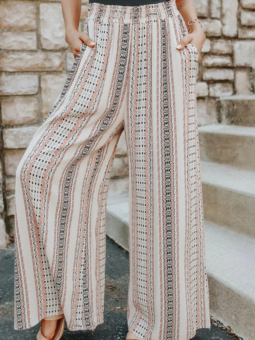 Casual Beige Geometric Print High Waist Wide Leg Pants