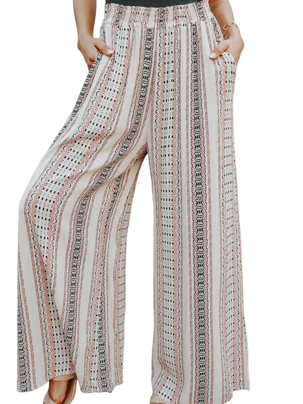 Casual Beige Geometric Print High Waist Wide Leg Pants