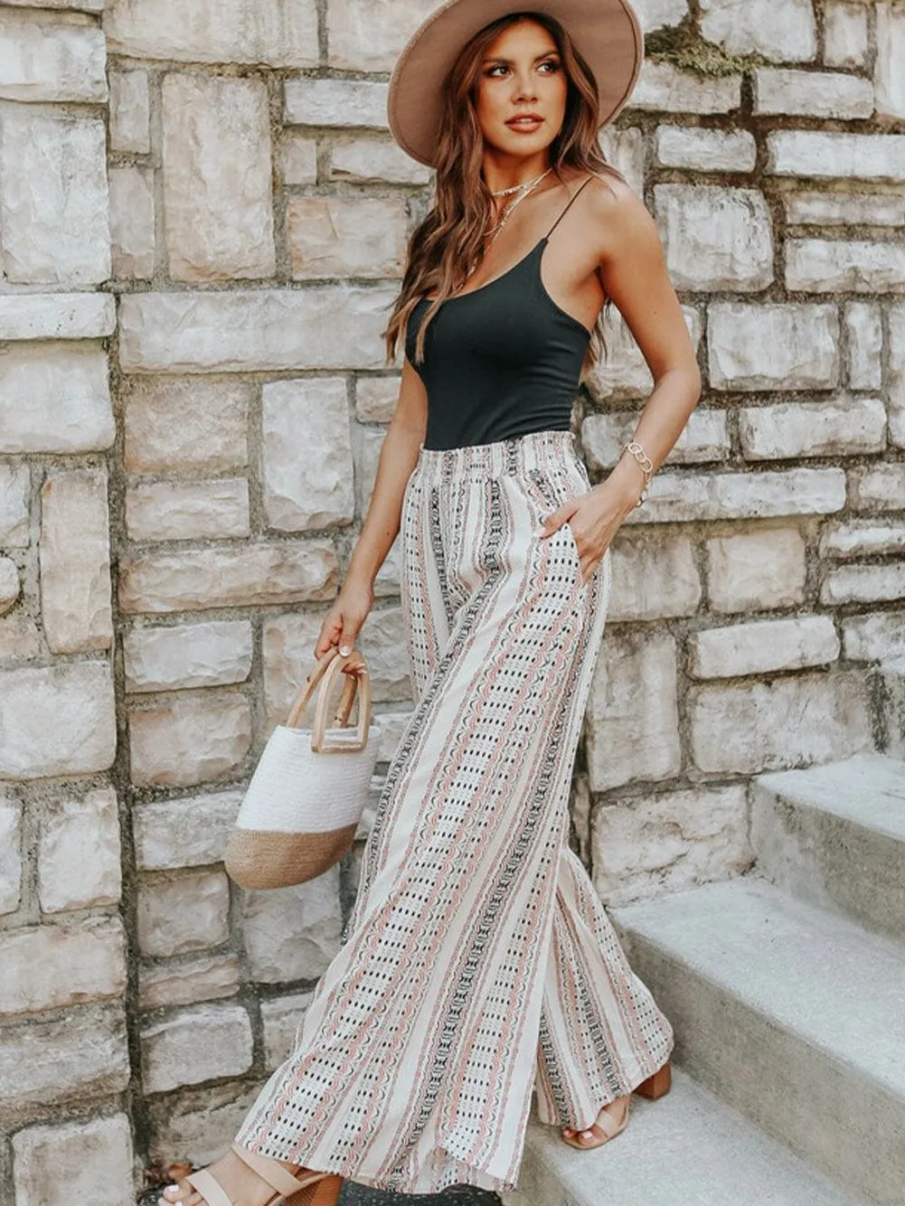 Casual Beige Geometric Print High Waist Wide Leg Pants