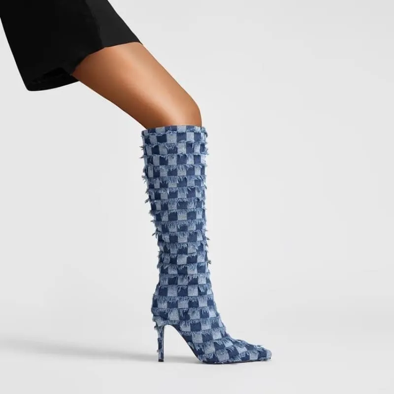 Chessboard Plaid Denim Blue Cloth Women’s Boots for Stylish Looks