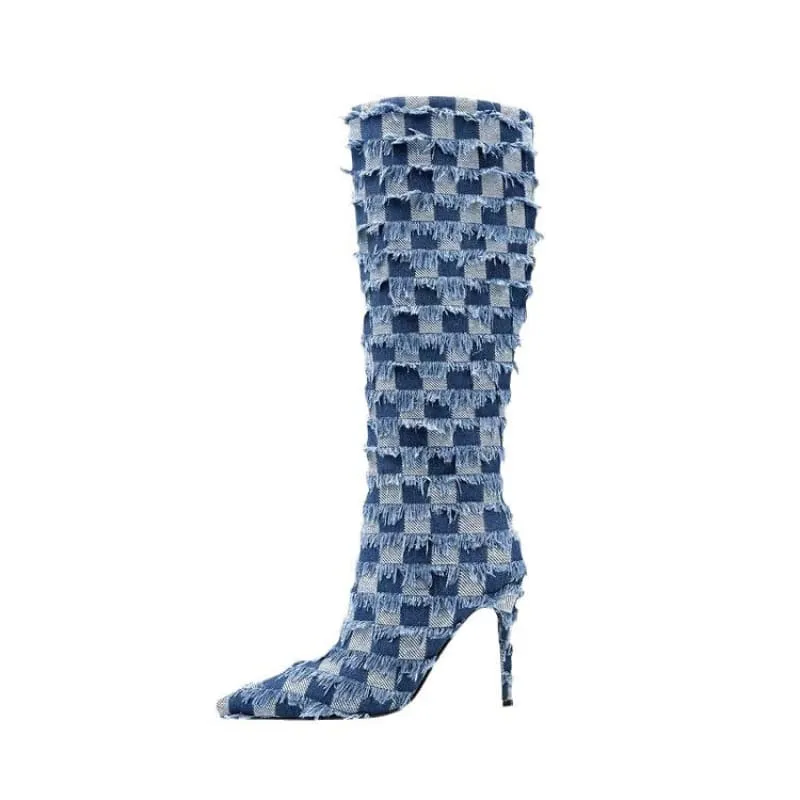 Chessboard Plaid Denim Blue Cloth Women’s Boots for Stylish Looks