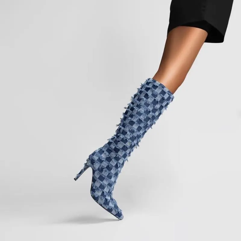 Chessboard Plaid Denim Blue Cloth Women’s Boots for Stylish Looks