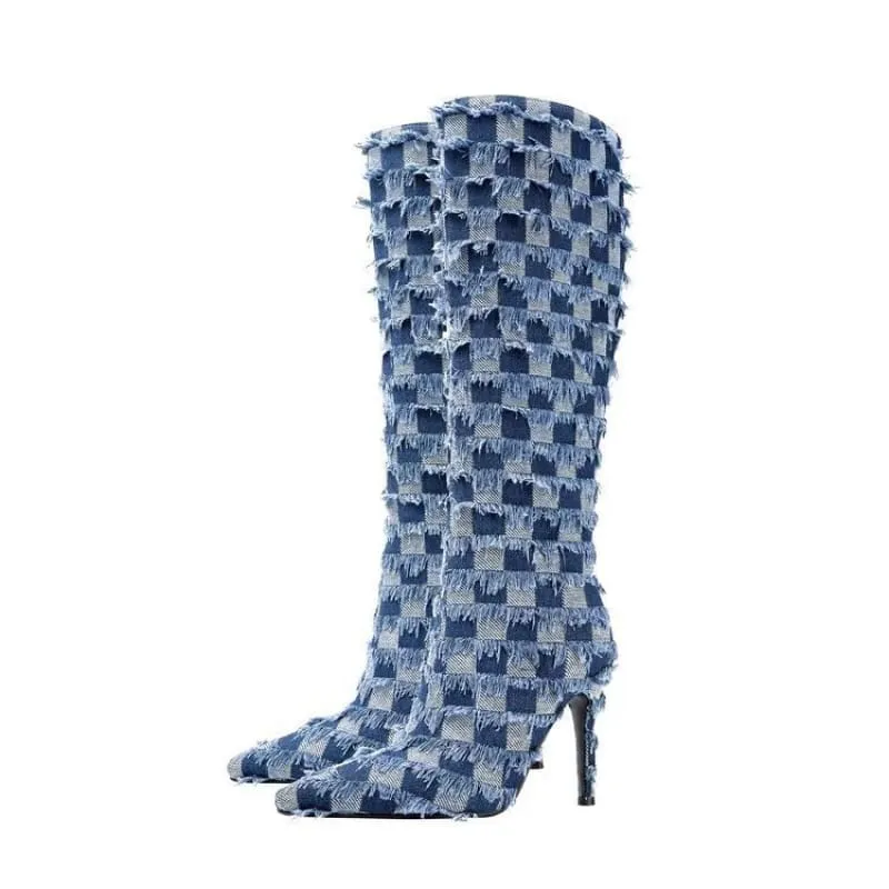 Chessboard Plaid Denim Blue Cloth Women’s Boots for Stylish Looks