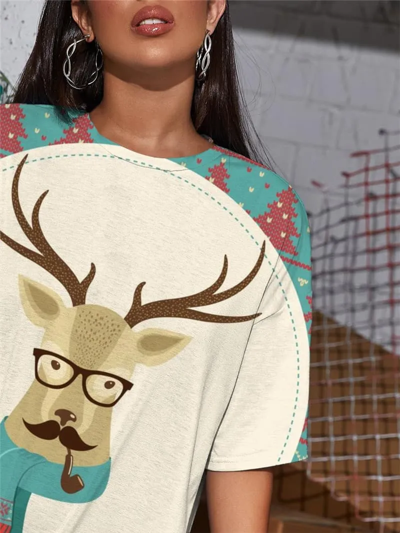 Christmas T-shirt Women Deer T-shirts 3d Animal Gothic Snowflake Funny T shirts