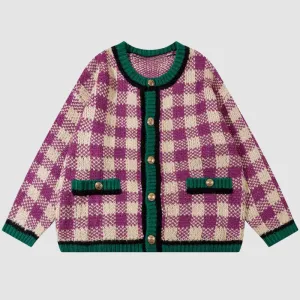 Color Contrast Plaid Knit Cardigans