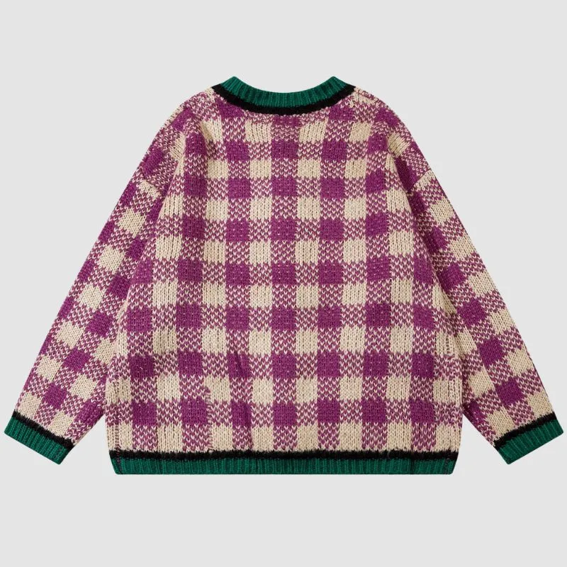 Color Contrast Plaid Knit Cardigans