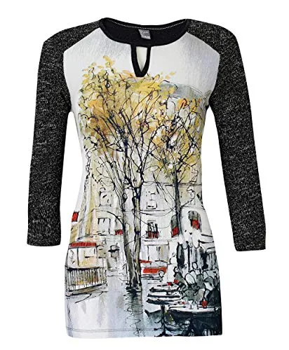 Dolcezza - Street Scene, Long Sleeve, Split V-Neck, Unique Design Trendy Fashion Top