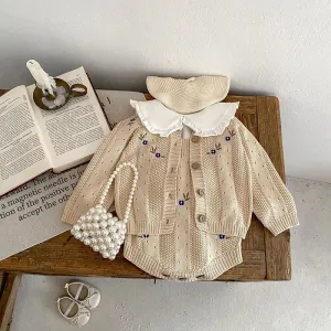 Flower Embroidered Knit Baby Girl Clothing Set