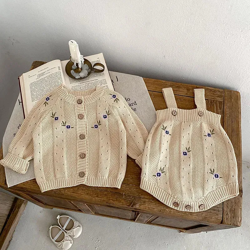 Flower Embroidered Knit Baby Girl Clothing Set