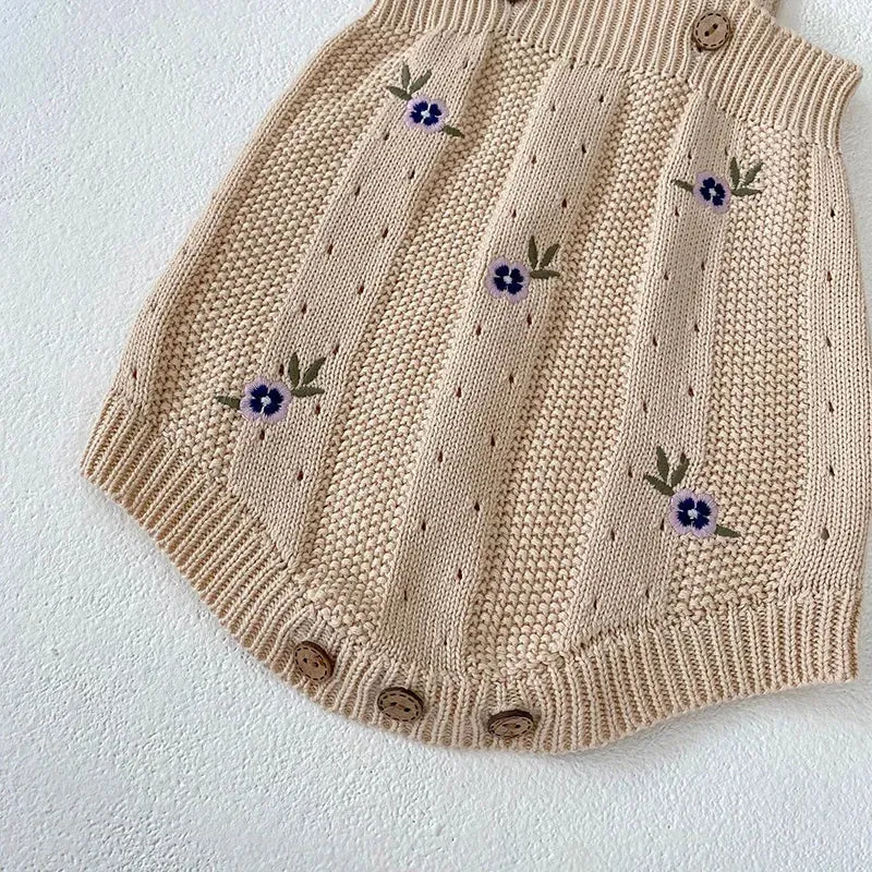 Flower Embroidered Knit Baby Girl Clothing Set