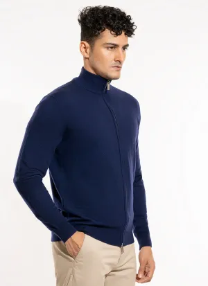 Full Zip Sweater - Merino Wool Navy Plain