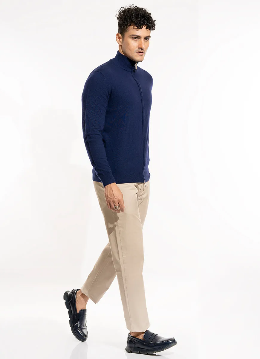 Full Zip Sweater - Merino Wool Navy Plain