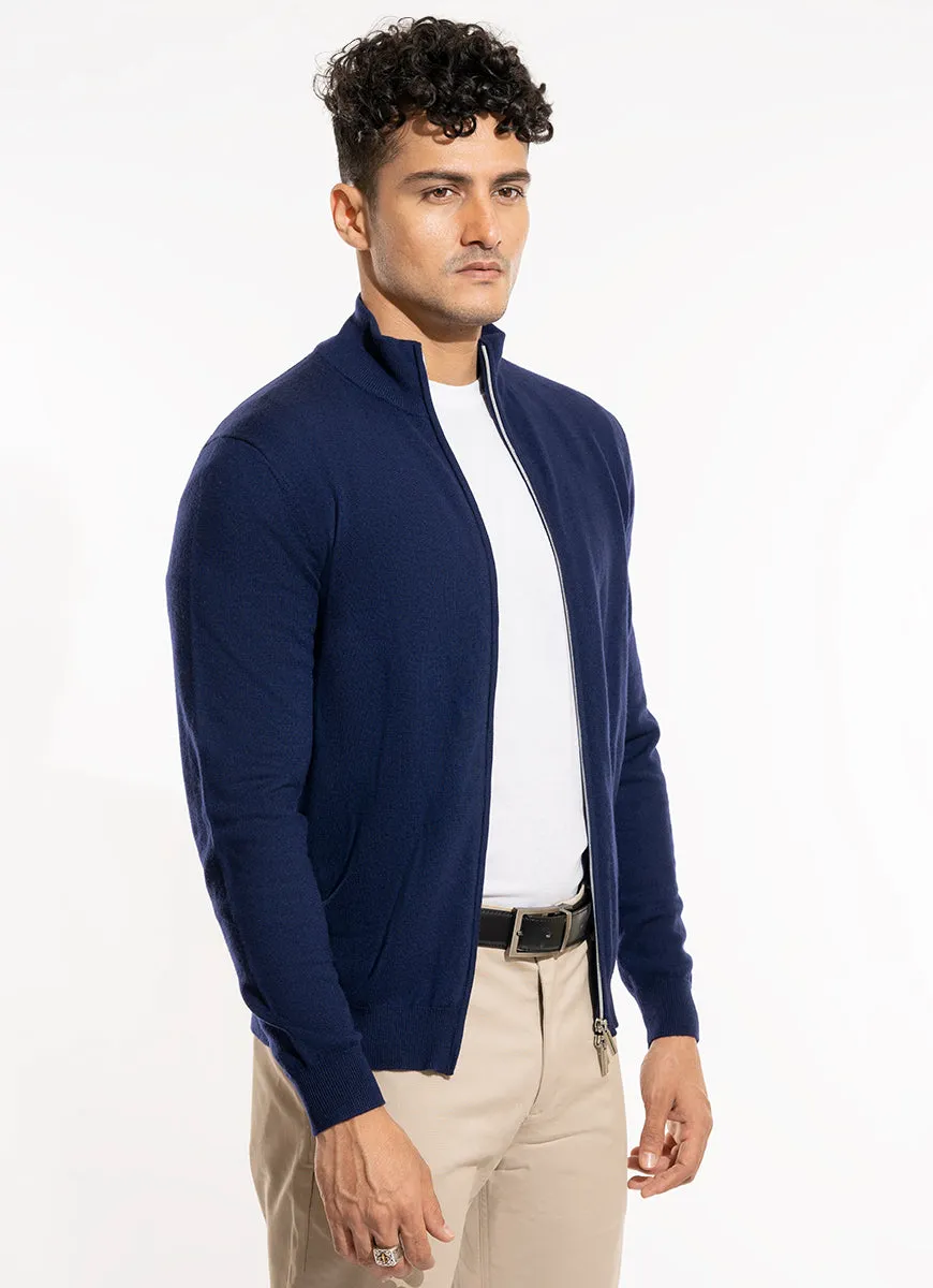 Full Zip Sweater - Merino Wool Navy Plain