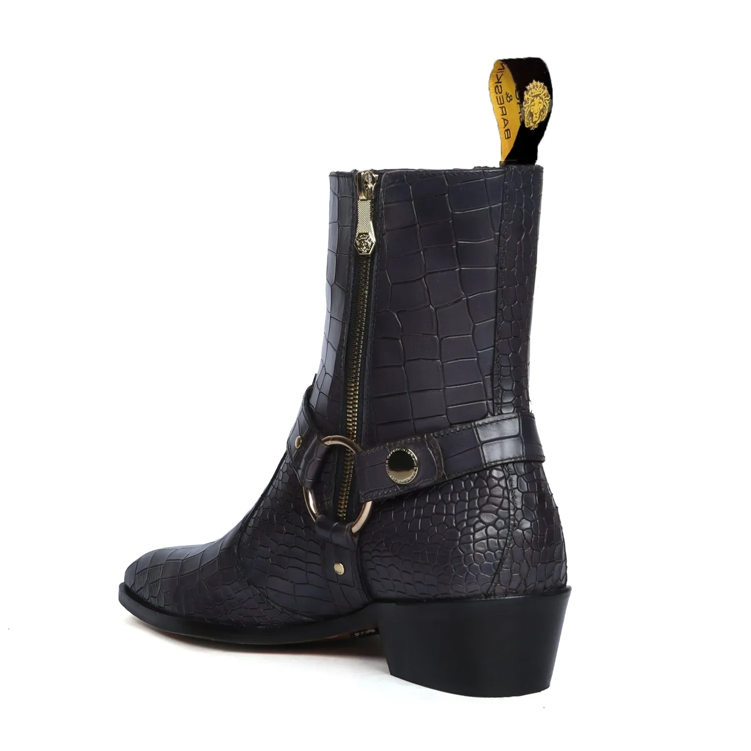 Grey Deep Cut Leather Boots Perfect Cuban Heel With Stylish Buckle Strap By Brune & Bareskin