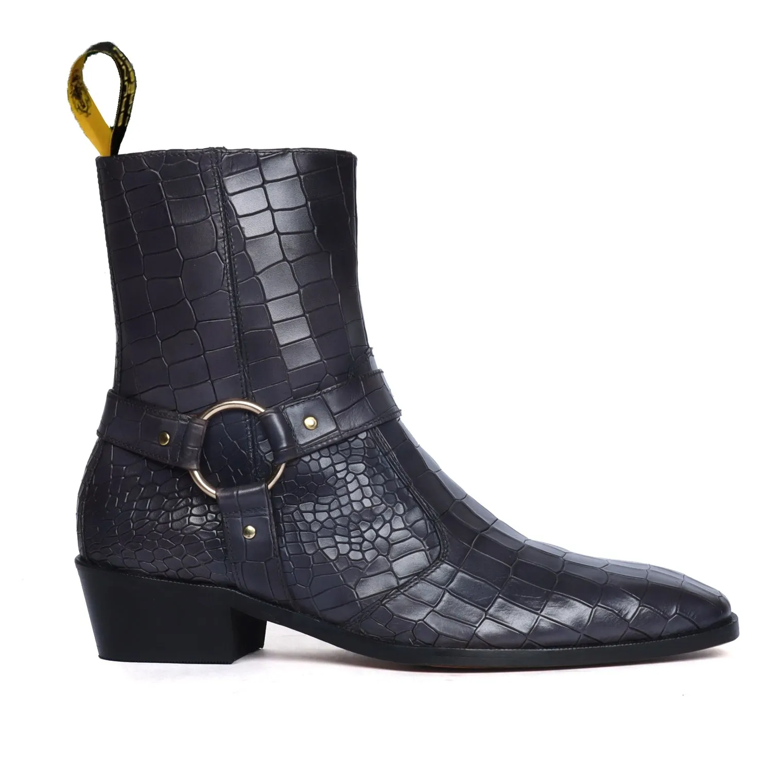 Grey Deep Cut Leather Boots Perfect Cuban Heel With Stylish Buckle Strap By Brune & Bareskin