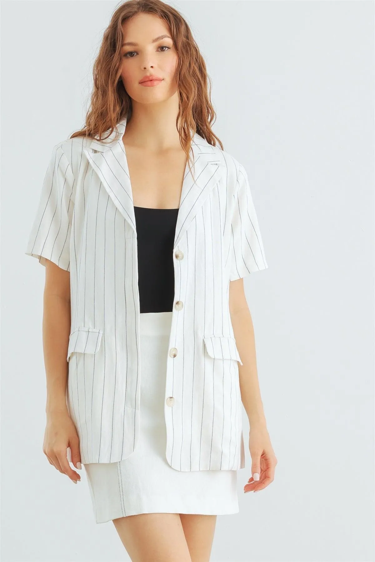 Ivory Black Stripe Button-Up Short Sleeve Blazer /1-2-2-1