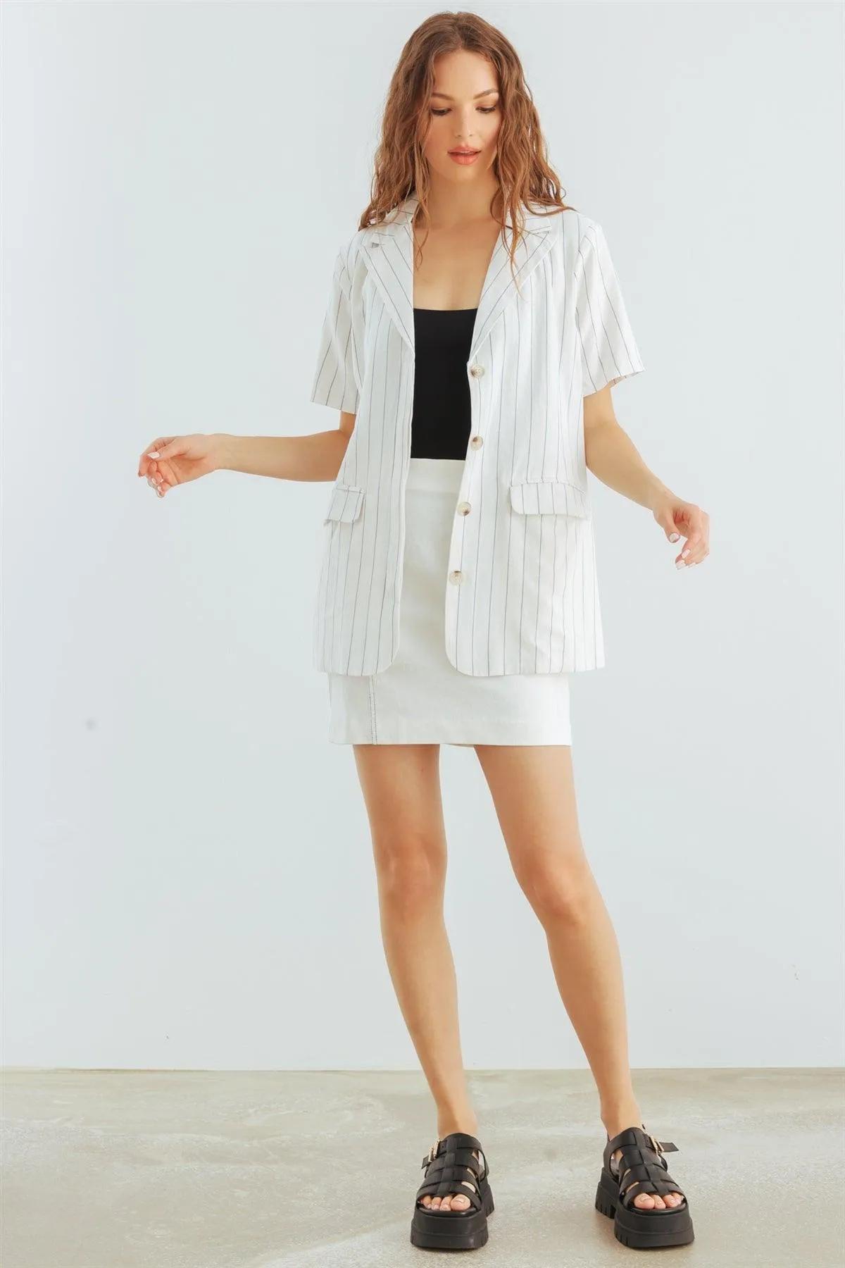 Ivory Black Stripe Button-Up Short Sleeve Blazer /1-2-2-1