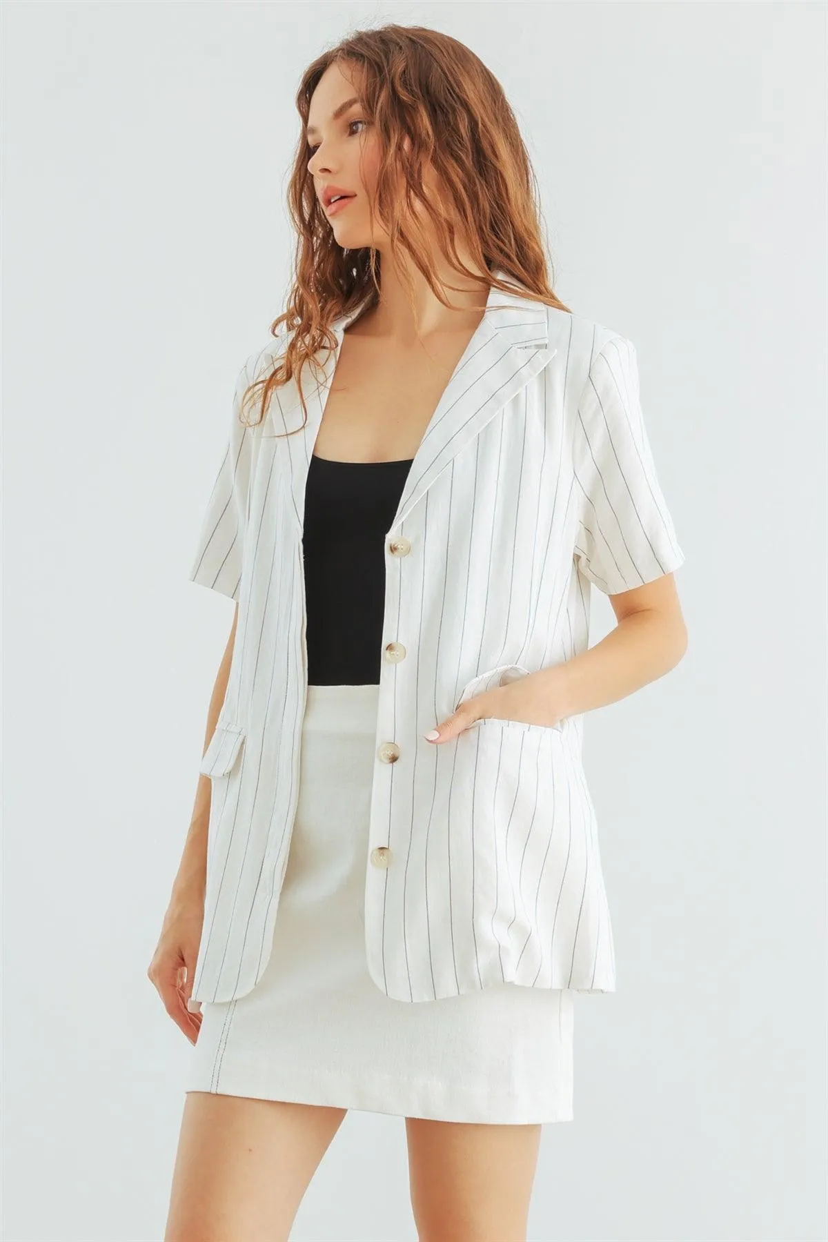 Ivory Black Stripe Button-Up Short Sleeve Blazer /1-2-2-1