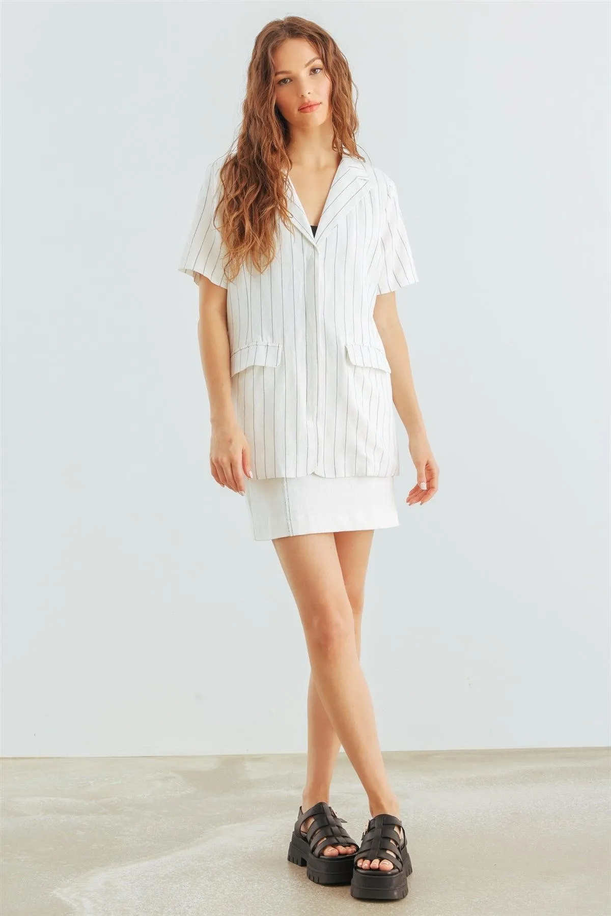 Ivory Black Stripe Button-Up Short Sleeve Blazer /1-2-2-1