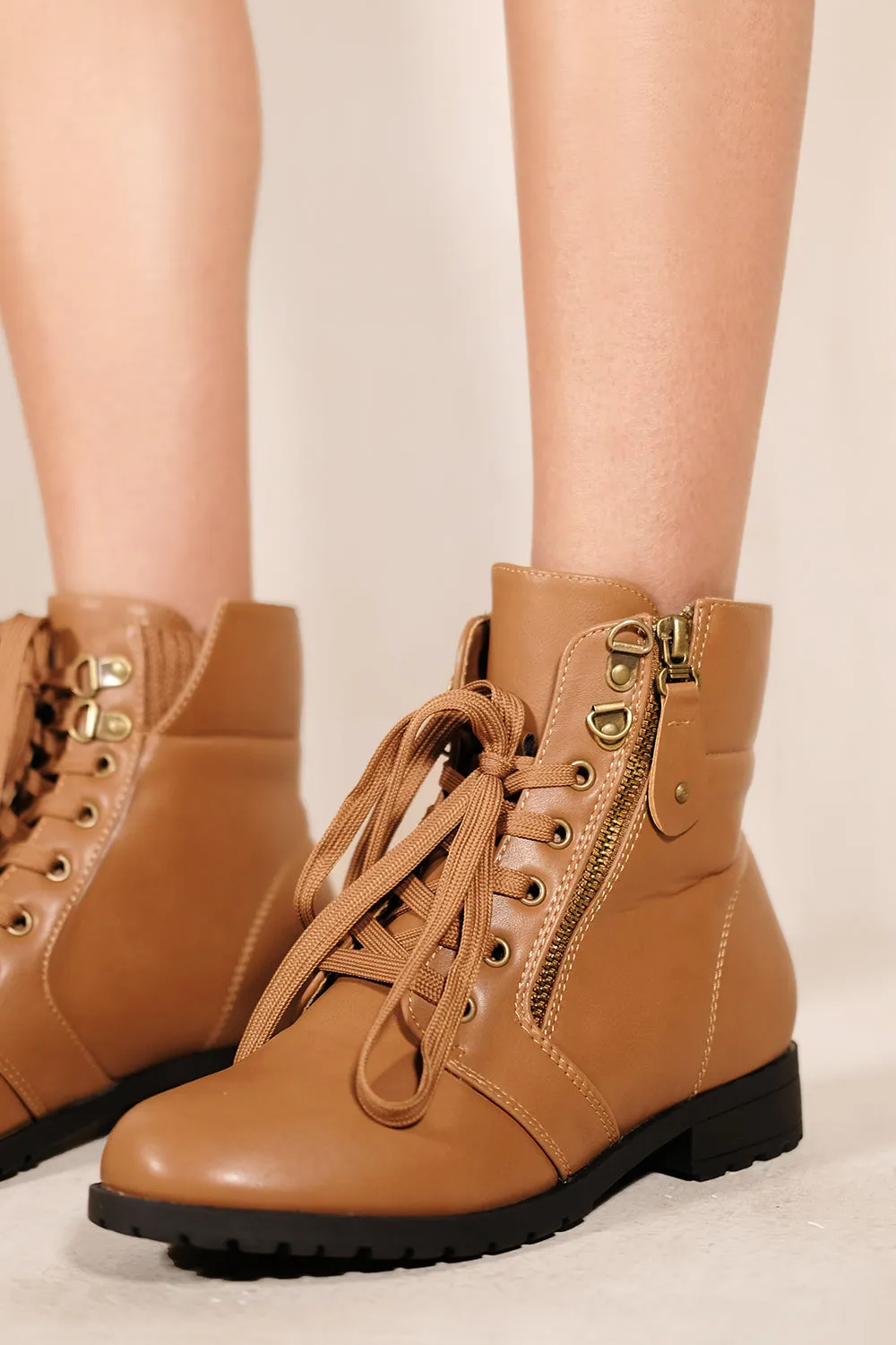 KAIYA LOW HEEL MILITARY ANKLE BOOTS WITH SIDE ZIP & LACE UP IN TAN BROWN FAUX LEATHER