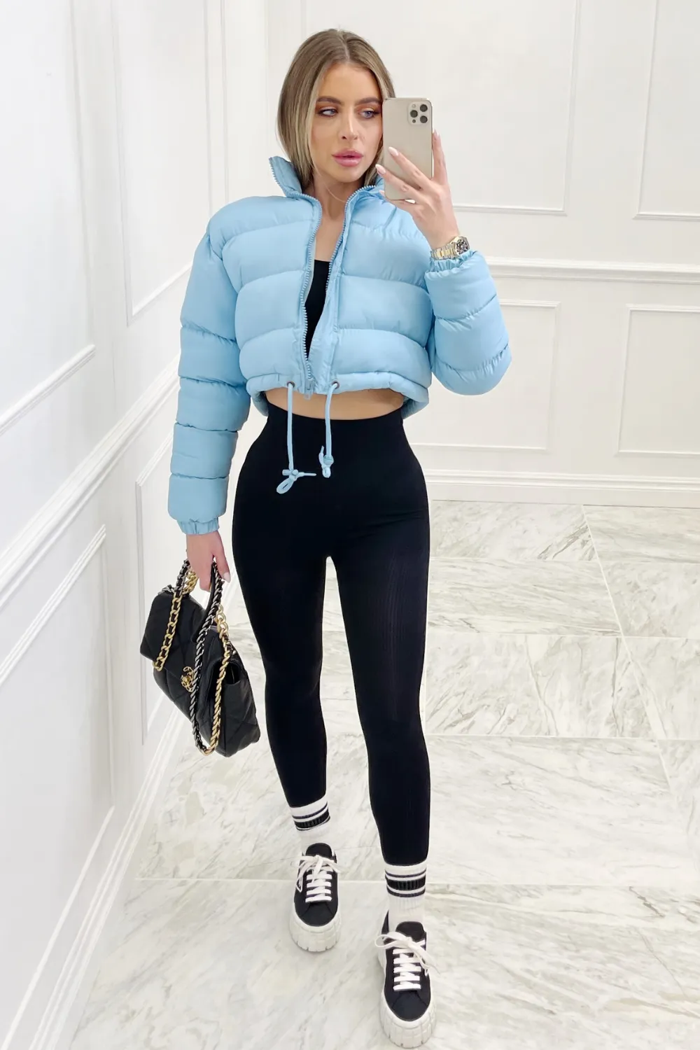 Karmin baby blue crop puffer coat