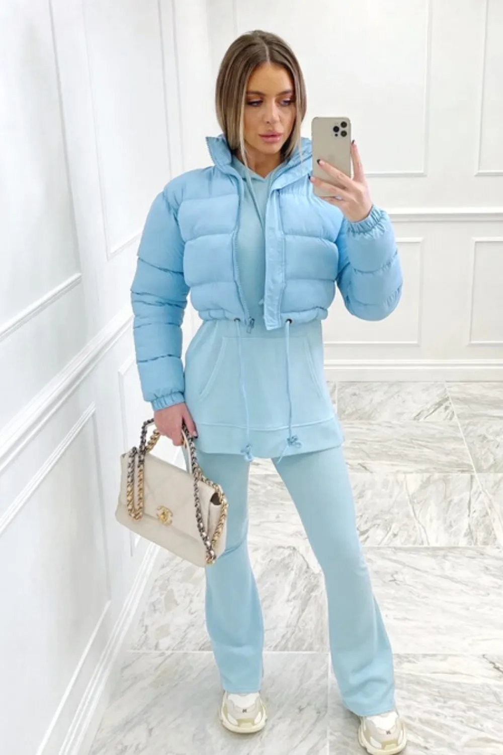 Karmin baby blue crop puffer coat