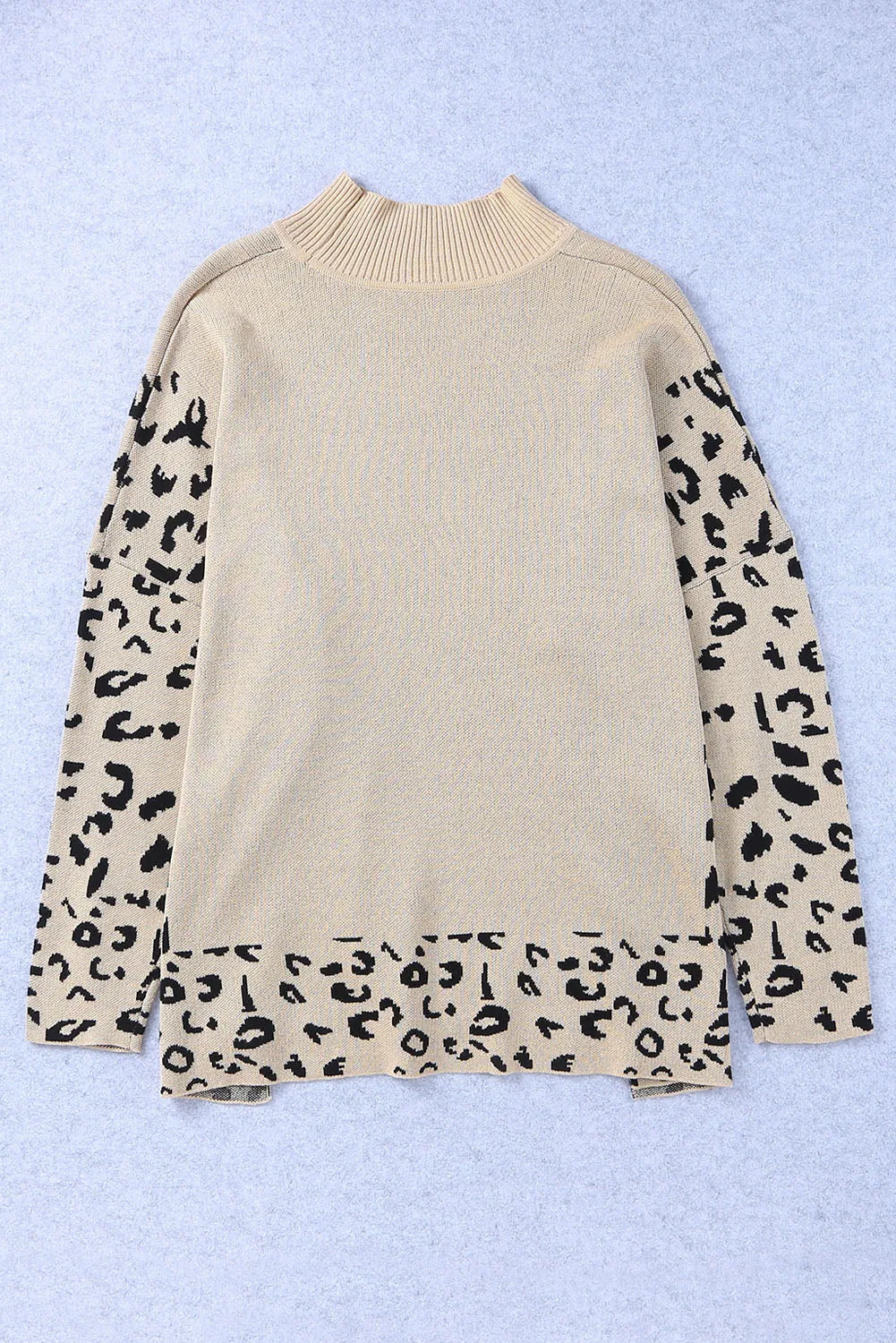 Khaki Leopard High Neck Side Slit Oversized Sweater