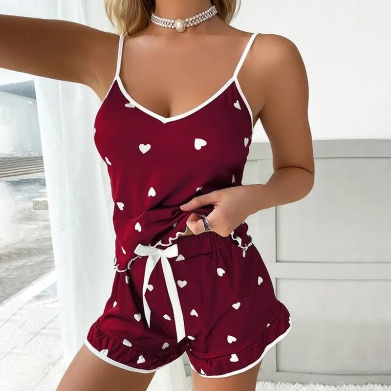 Ladies Sexy 2 Piece Pajama Set Deep V Neck Pyjamas Shorts Set Lace Pijama Suit Sleepwear for Women Sexy Pajama Suit