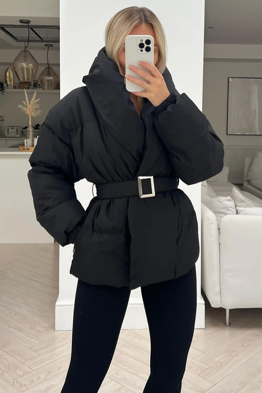 lauren black short belted puffer coat