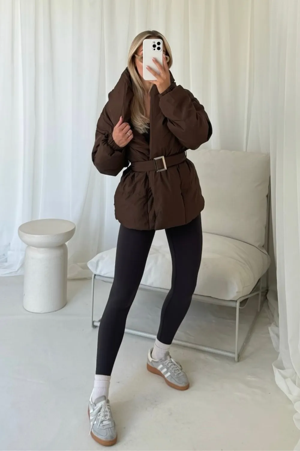 lauren chocolate short belted puffer coat