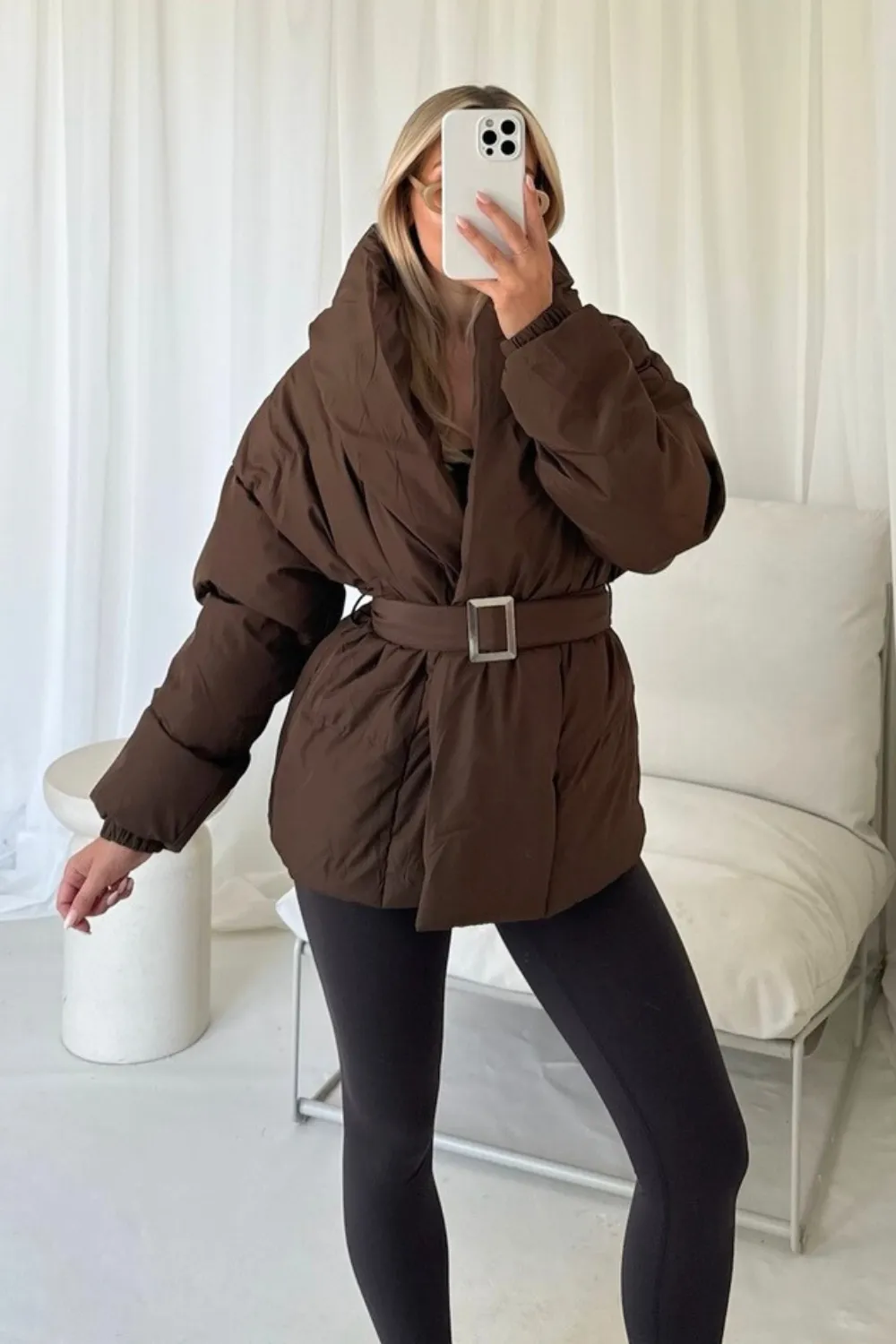 lauren chocolate short belted puffer coat