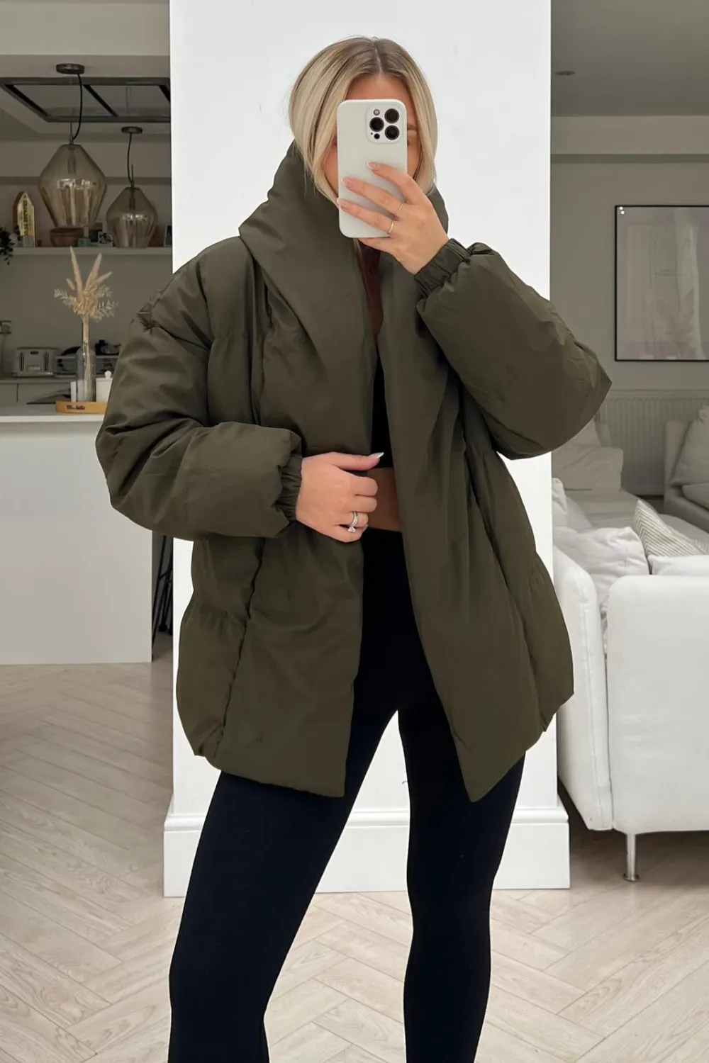 lauren khaki short belted puffer coat