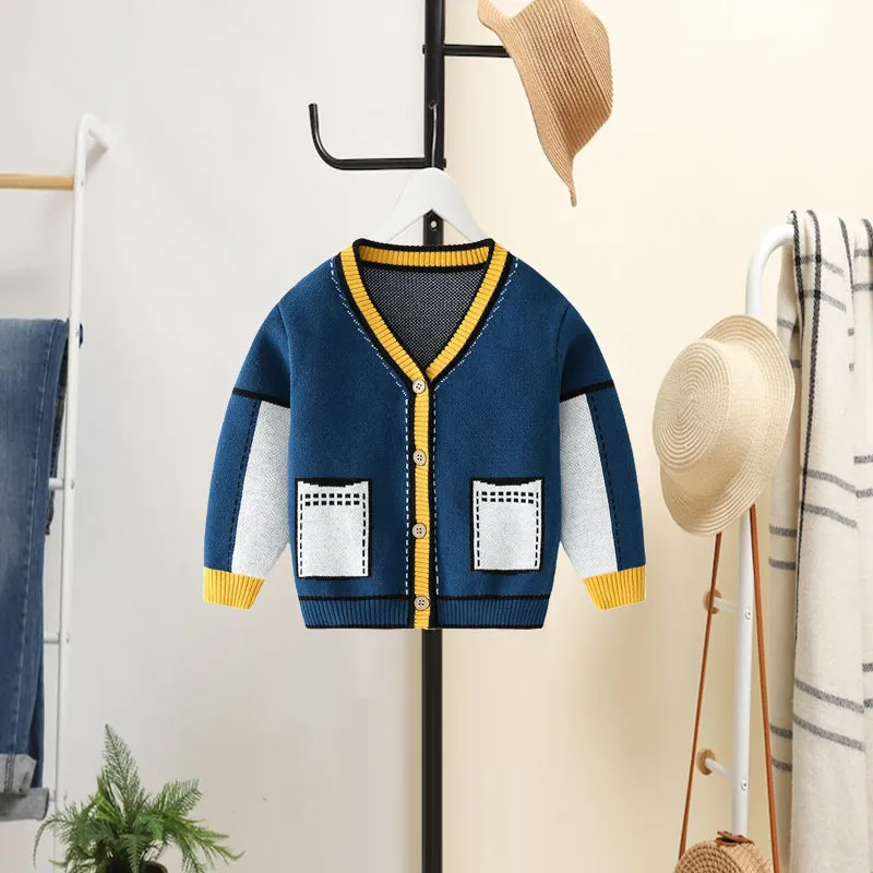 Little Surprise Box Kids Navy Blue with Striking Mustard Stripes Cardigan Sweater V neck-5-6 Y