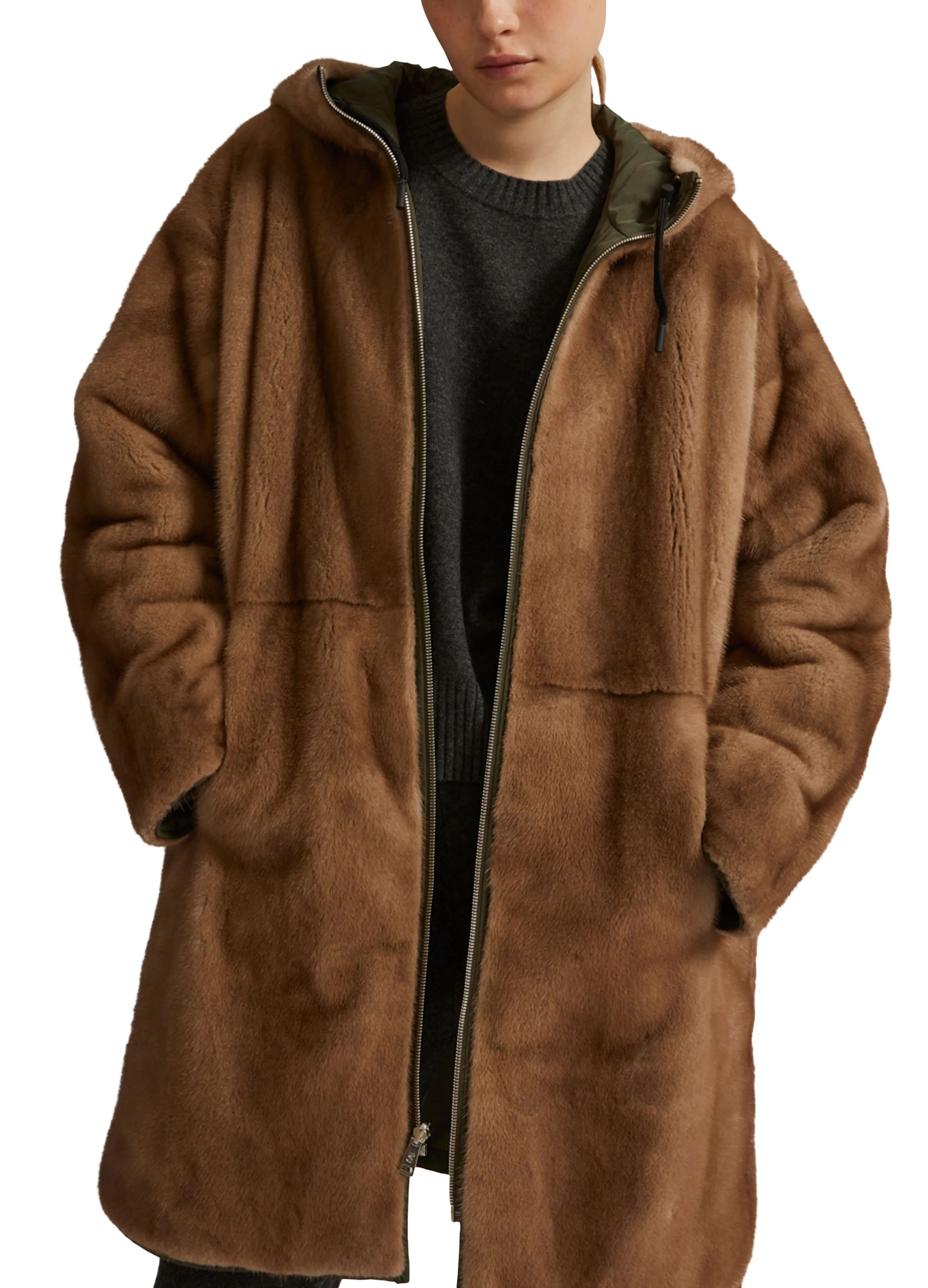 Long reversible coat in mink fur and technical fabric