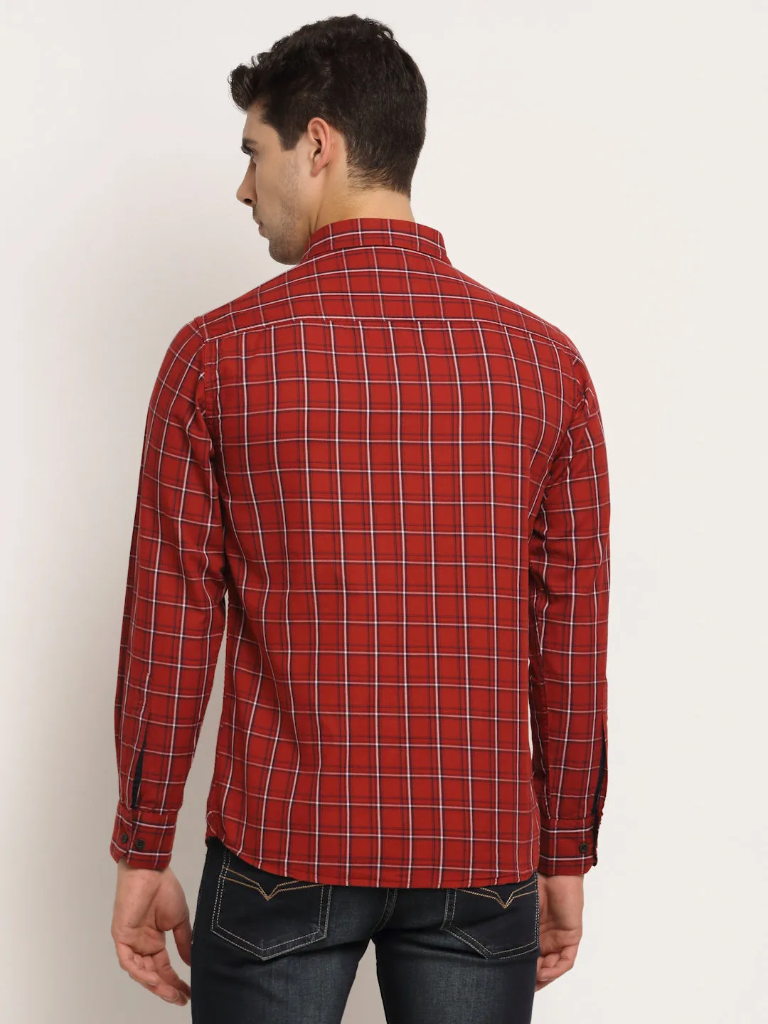 Men Cotton Checkered Maroon Full Sleeve Casual Shirt for Men with Pocket